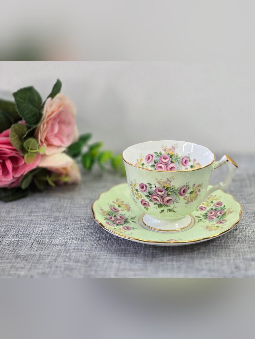 Vintage Aynsley Bone China Teacup & Saucer Light Green Crocus Roses England